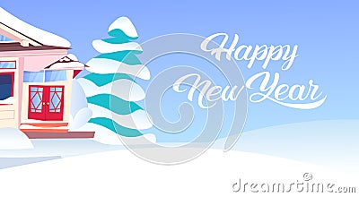 Wooden snow cowered cottage happy new year merry christmas holidays decorations concept snowy fir tree flat horizontal Vector Illustration