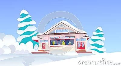 Wooden snow cowered cottage happy new year merry christmas holidays decorations concept snowy fir tree flat Vector Illustration