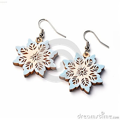 Wooden Snowflake Drop Earrings In Light Blue And White Stock Photo