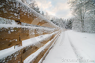 Wooden snowy fence Stock Photo