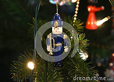 Wooden soldier. Wooden Christmas tree toy. Stock Photo