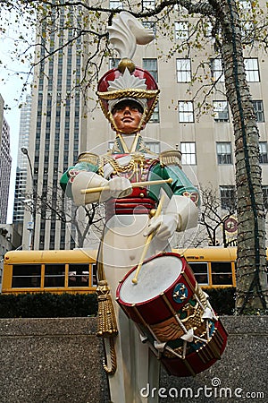 Wooden soldier drummer Christmas decoration at the Rockefeller Center in Midtown Manhattan Editorial Stock Photo