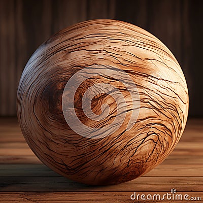 Wooden sphere 3d rendering, spherical shape made of wood on wood background Stock Photo