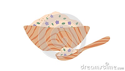 Wooden spoon and bowl full of organic pink sea salt with leaves and flowers for aromatherapy, spa and wellness treatment Vector Illustration