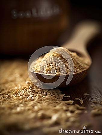 Wooden spoon is filled with large amount of rice, which sits on top of table. The rice grains are visible in spoon and Stock Photo