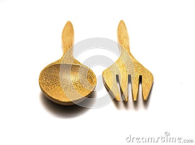Wooden spoon and fork spoon on white isolate. Stock Photo