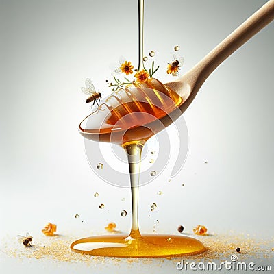 A wooden spoon with honey dripping off, with a bee on the spoon and flowers and bees around. Stock Photo