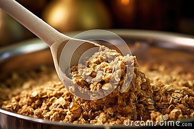wooden spoon stirring apple crisp mixture Stock Photo