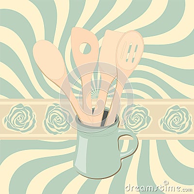 Wooden spoons on background with swirl and roses Vector Illustration