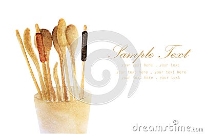 Wooden spoons , fork and chopsticks - watercolor painting on white background Stock Photo
