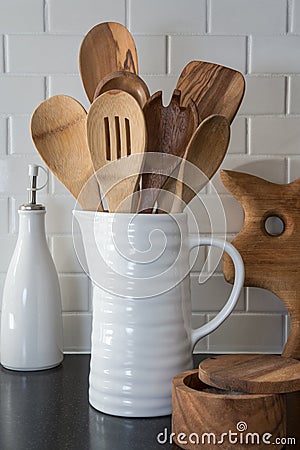 Wooden Spoons in a Pitcher Stock Photo