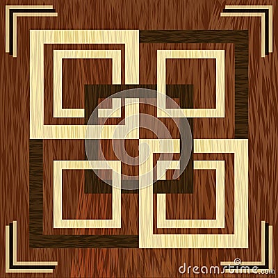 Wooden square inlay, light and dark wood patterns. Wooden art decoration template. Veneer textured geometric ornament. Vector Illustration