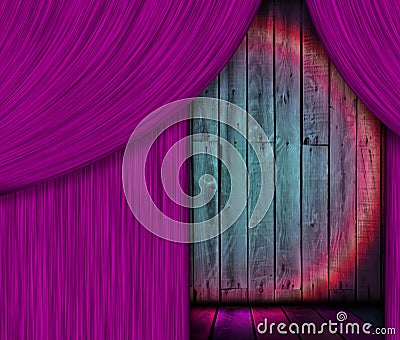 Wooden Stage Behind Purple Curtain Stock Photo