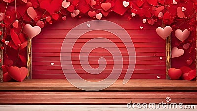 Wooden stage in front of red bright valentines background with hearts Stock Photo