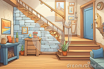 wooden staircase in a craftsman home with stonework details, magazine style illustration Cartoon Illustration