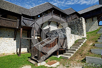 Wooden staircase and gallery in Celje medieval castle in Slovenia Stock Photo
