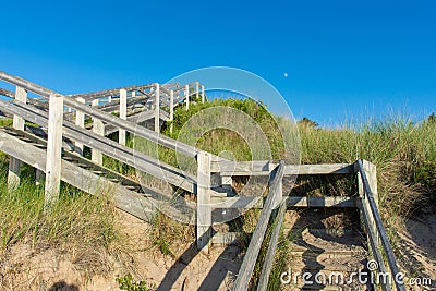 A wooden staircase going down to the beach with a beautiful blue sky and marsh grass in the sand at Pinery Provincial Park, Stock Photo