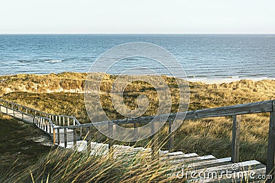 Wooden stairs through dunes and grass on Sylt island toward sea Stock Photo