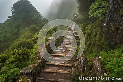 Wooden stairs high in the mountains, generative AI Stock Photo