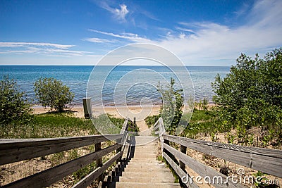 Wooden Stairs Lead To A Lake Michigan Beach Stock Photo