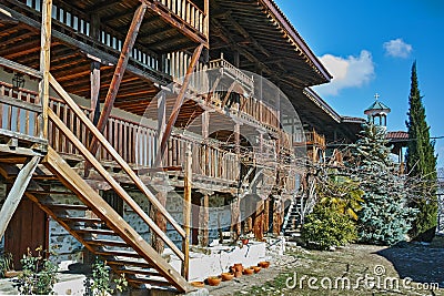 Wooden stairs in Rozhen Monastery Nativity of the Mother of God, Bulgaria Stock Photo