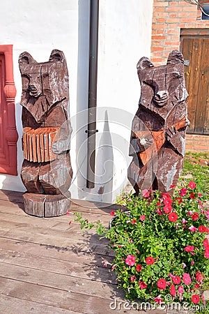 Wooden statues of bears in Kirillo-Belozersky monastery. Editorial Stock Photo