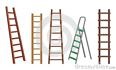 Wooden or Steel Step Ladders for Domestic and Construction Needs Vector Set Vector Illustration