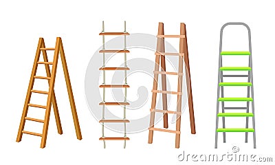 Wooden or Steel Step Ladders for Domestic and Construction Needs Vector Set Vector Illustration