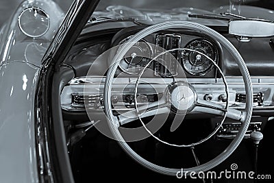 Wooden steering wheel and leather dashboard of a vintage car Editorial Stock Photo