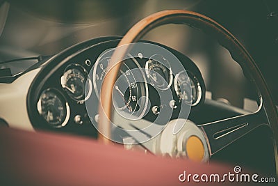 Wooden steering wheel of an old classic car Editorial Stock Photo