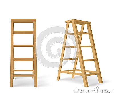 Wooden stepladder, tall stair with stand for tray Vector Illustration