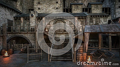 Wooden steps leading to a doorway in the courtyard of a medieval castle. 3D illustration Stock Photo