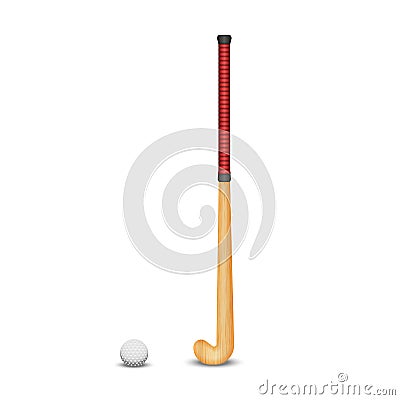 The wooden stick and ball for the game of field hockey, realistic 3D vector models sports objects isolated on white background, a Vector Illustration