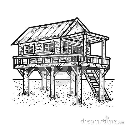 Wooden stilt house above the water sketch vector Vector Illustration