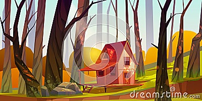 Wooden stilt house in autumn forest. Old shack Vector Illustration