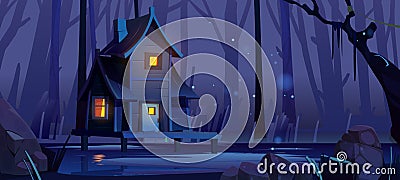 Wooden stilt house in deep forest at night Vector Illustration