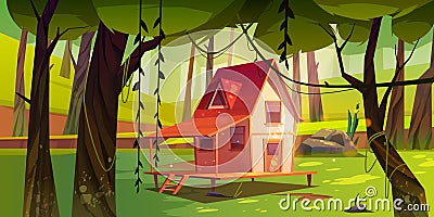 Wooden stilt house in summer forest. Old shack Vector Illustration