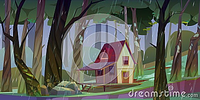 Wooden stilt house summer forest in rainy weather. Vector Illustration