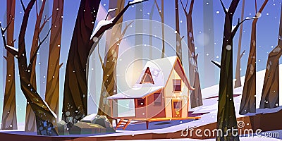 Wooden stilt house in winter forest, shack in snow Vector Illustration