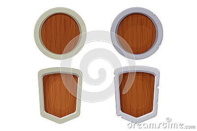 Wooden and stone shield, medieval protection in cartoon style isolated on white background. Comic ui asset, decoration Vector Illustration