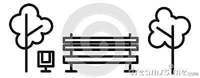 Wooden street bench with park trees. Linear icon Vector Illustration