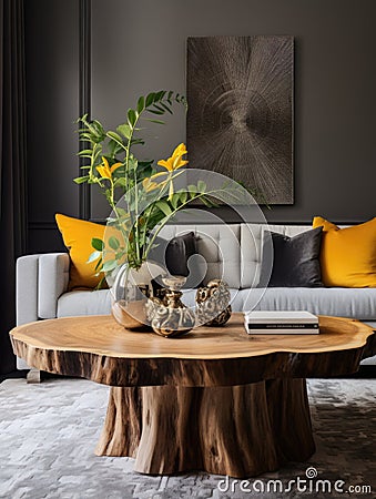 Wooden stump coffee table near gray armchairs and sofa. Hollywood regency interior design of modern living room Stock Photo