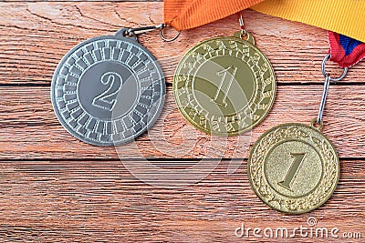 Sports medals for the first and second places for the results of sports competitions. Stock Photo