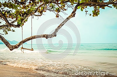 Wooden swing on tropical beach Stock Photo