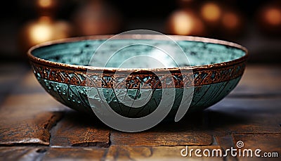 Wooden table adorned with ancient earthenware pottery, rustic and ornate generated by AI Stock Photo
