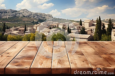 A Wooden Table Against Backdrop Of Charming European Village Blank Surface Stock Photo