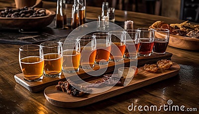 Wooden table, beer glass, fresh pint, grilled meat, rustic celebration generated by AI Stock Photo
