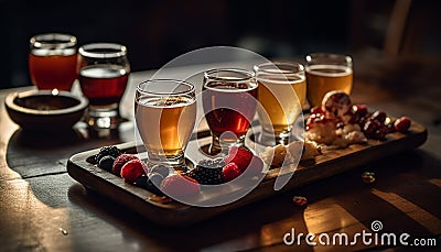 Wooden table, beer glasses, fresh snacks perfect summer celebration generated by AI Stock Photo