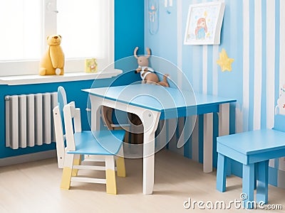 Wooden table in blue children room interior generated Ai. Stock Photo