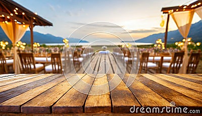 wooden table with blurry wedding location in background . ai generated Stock Photo